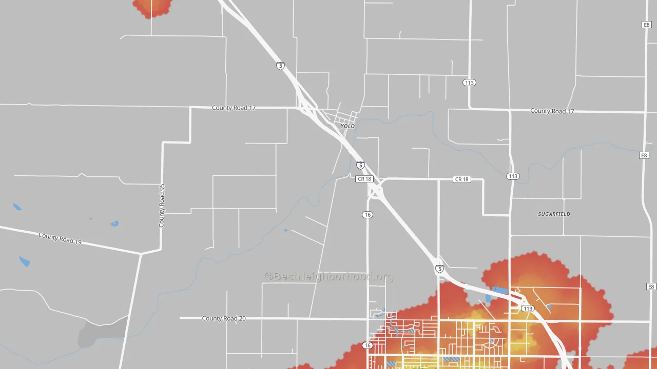 Walk Grade map of Yolo, CA, walkable areas in green and car-dependent areas in red