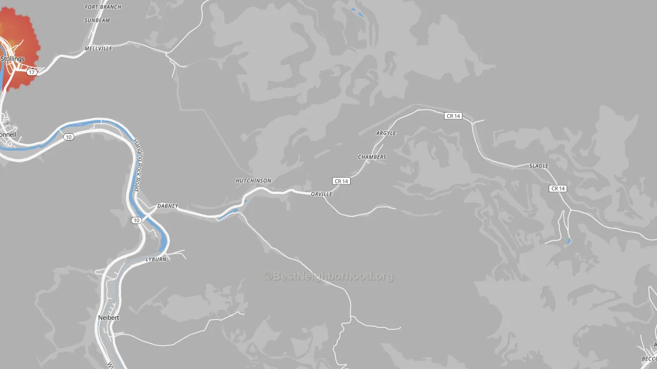 Walk Grade map of Yolyn, WV, walkable areas in green and car-dependent areas in red