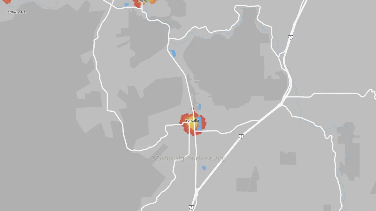 Walk Grade map of Yoncalla, OR, walkable areas in green and car-dependent areas in red