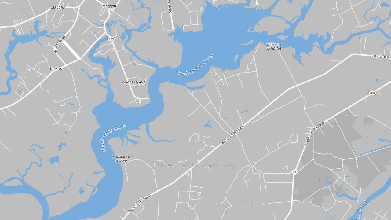 Walk Grade map of Yonges Island, SC, walkable areas in green and car-dependent areas in red