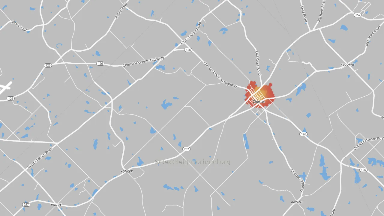 Walk Grade map of Yonkers, GA, walkable areas in green and car-dependent areas in red