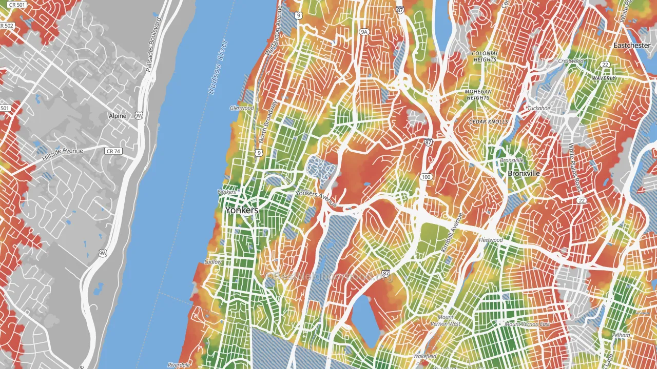 Walk Grade map of Yonkers, NY, walkable areas in green and car-dependent areas in red