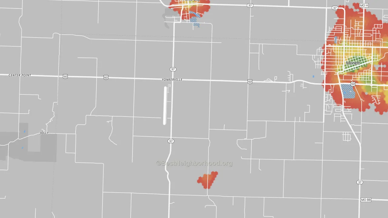 Walk Grade map of Yonkerville, MO, walkable areas in green and car-dependent areas in red