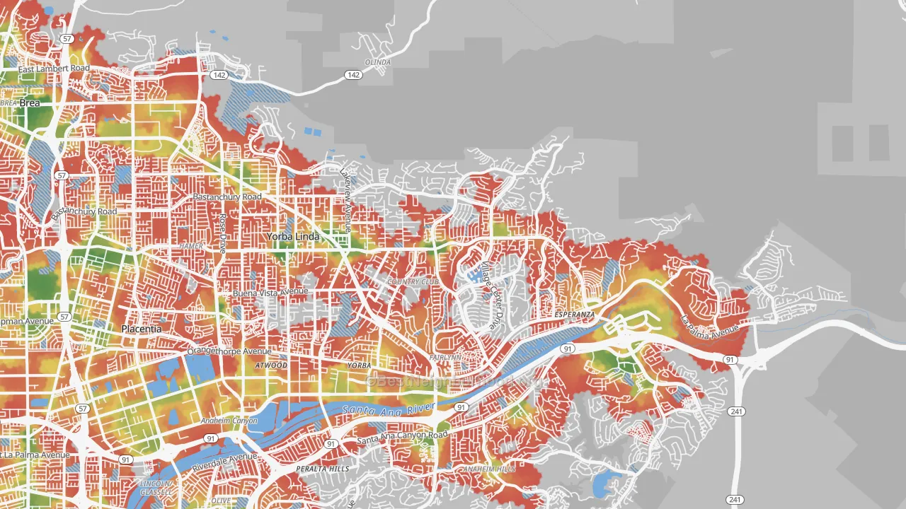 Walk Grade map of Yorba Linda, CA, walkable areas in green and car-dependent areas in red