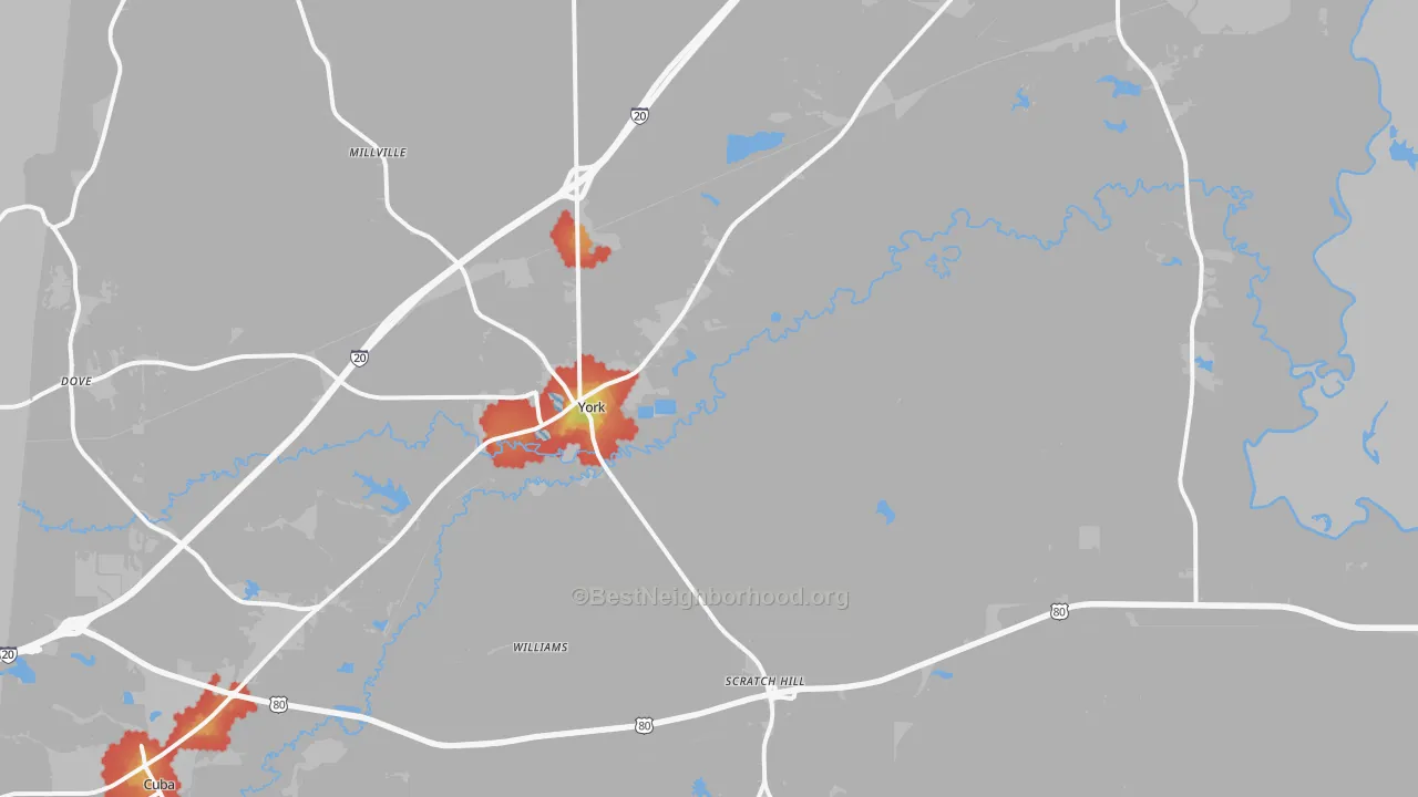 Walk Grade map of York, AL, walkable areas in green and car-dependent areas in red