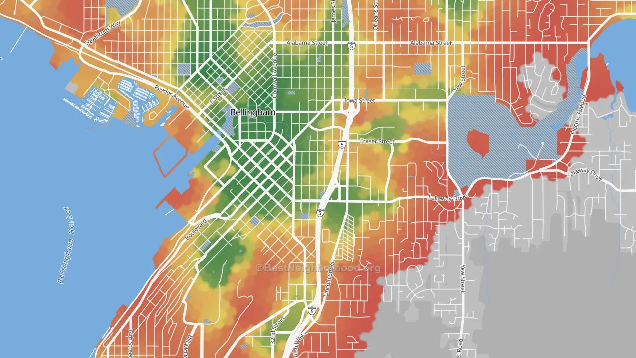 Walk Grade map of York, Bellingham, WA, walkable areas in green and car-dependent areas in red