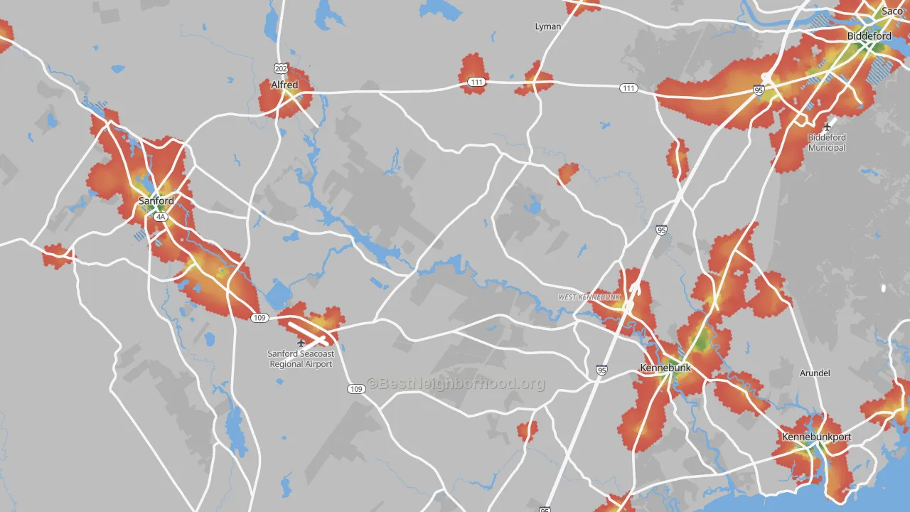 Walk Grade map of York County, ME, walkable areas in green and car-dependent areas in red