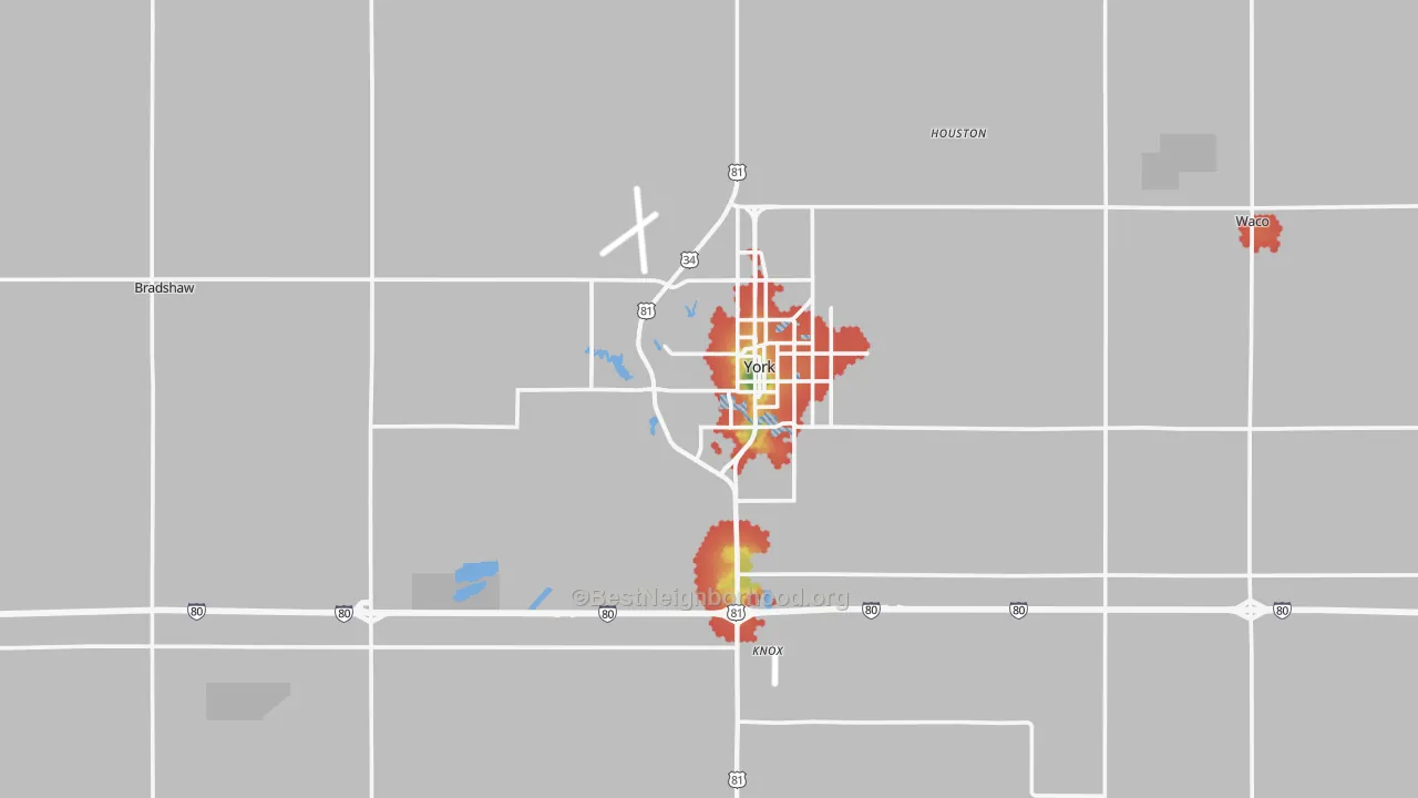 Walk Grade map of York County, NE, walkable areas in green and car-dependent areas in red