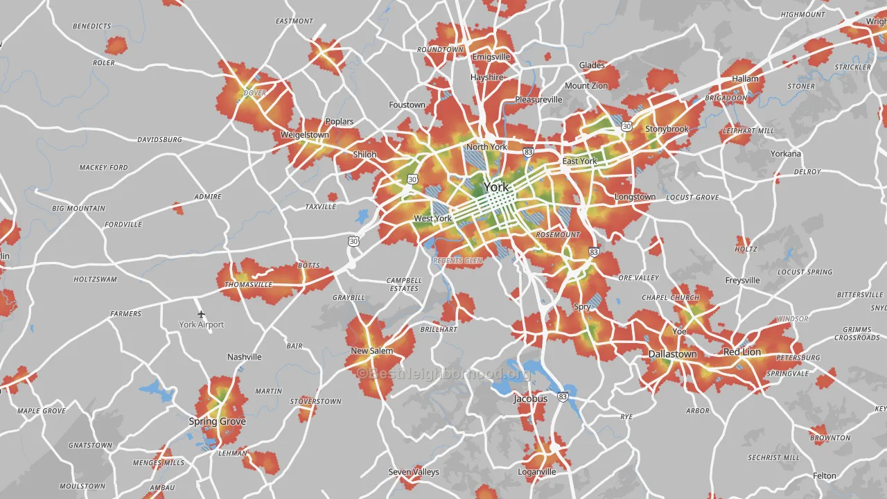 Walk Grade map of York County, PA, walkable areas in green and car-dependent areas in red