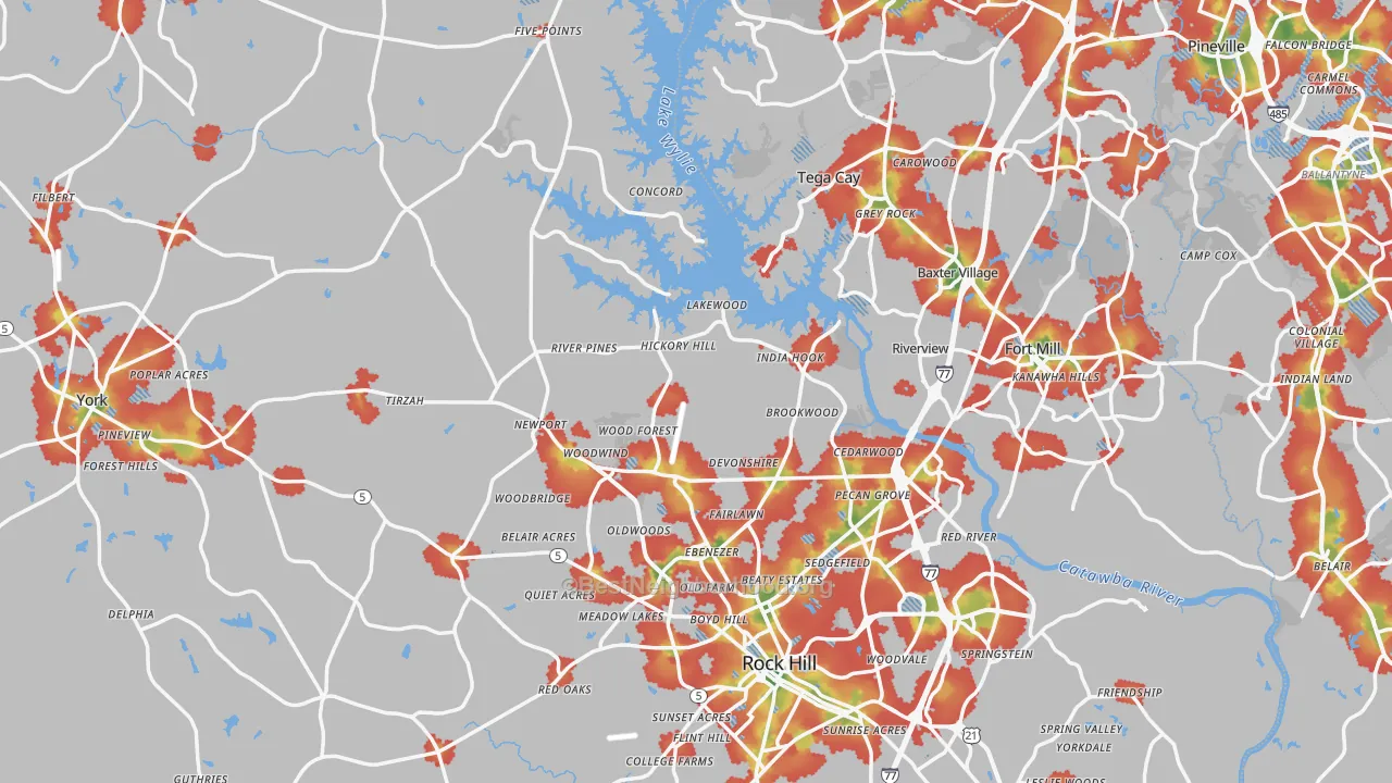 Walk Grade map of York County, SC, walkable areas in green and car-dependent areas in red