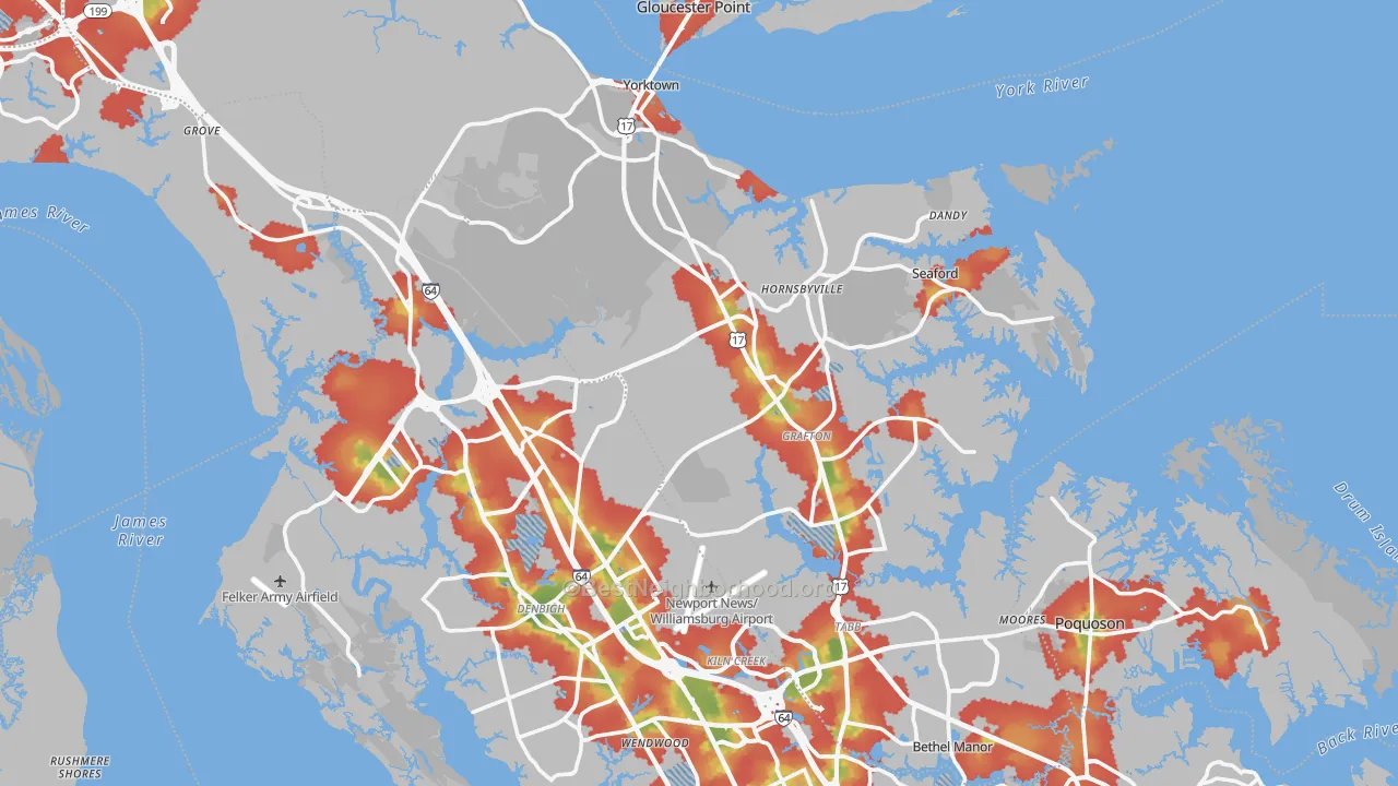 Walk Grade map of York County, VA, walkable areas in green and car-dependent areas in red
