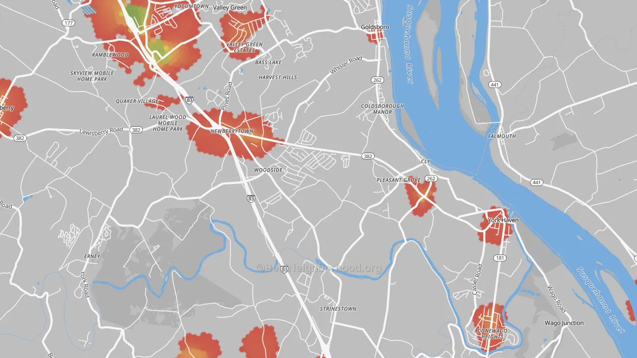 Walk Grade map of York Haven, PA, walkable areas in green and car-dependent areas in red