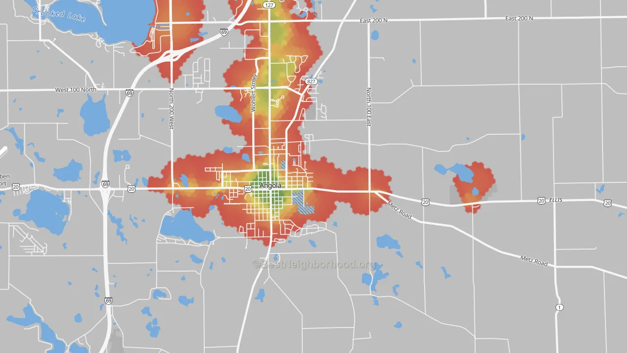 Walk Grade map of York, IN, walkable areas in green and car-dependent areas in red