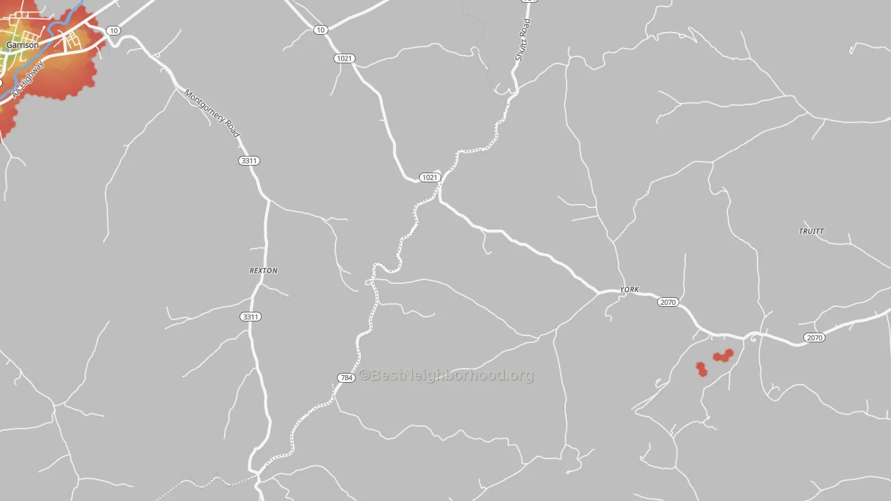 Walk Grade map of York, KY, walkable areas in green and car-dependent areas in red