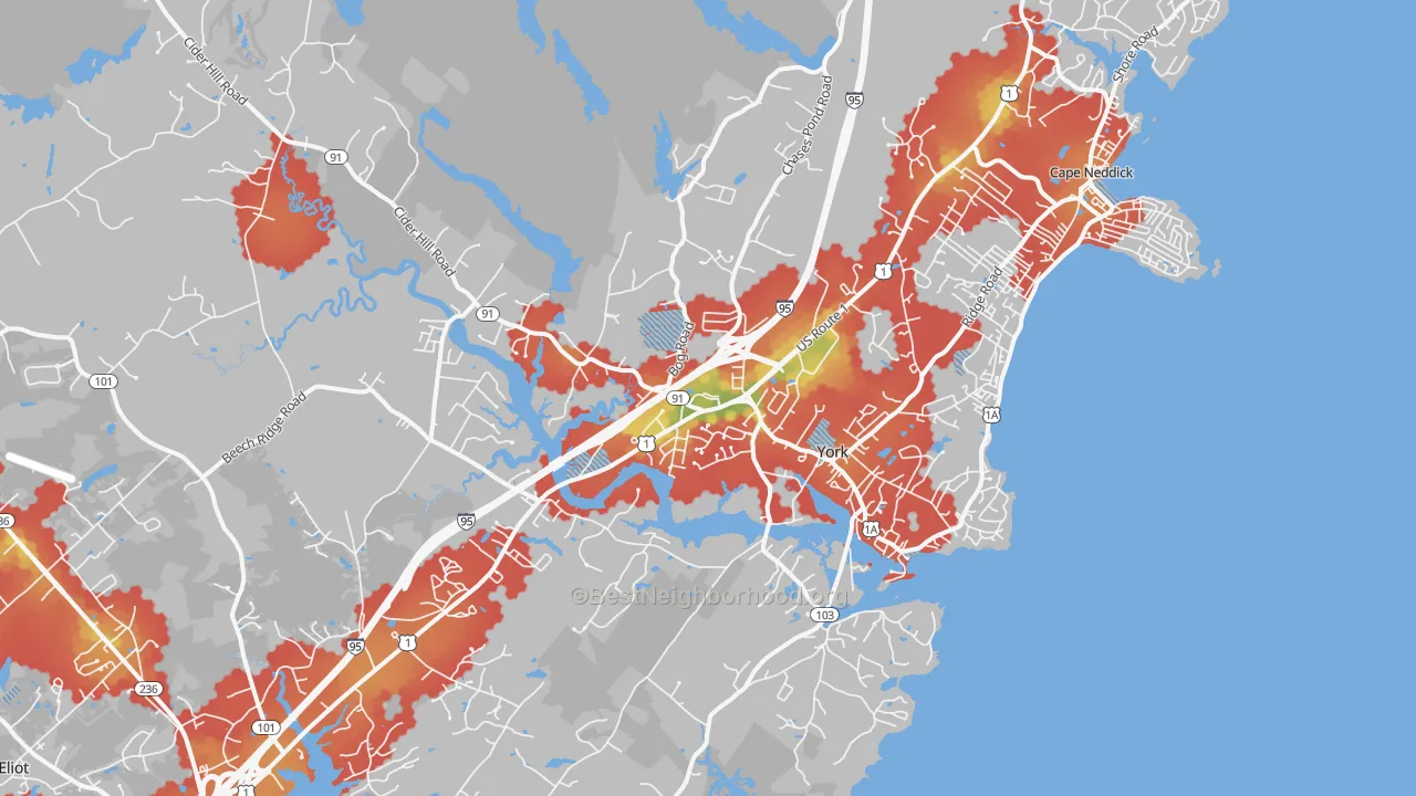Walk Grade map of York, ME, walkable areas in green and car-dependent areas in red