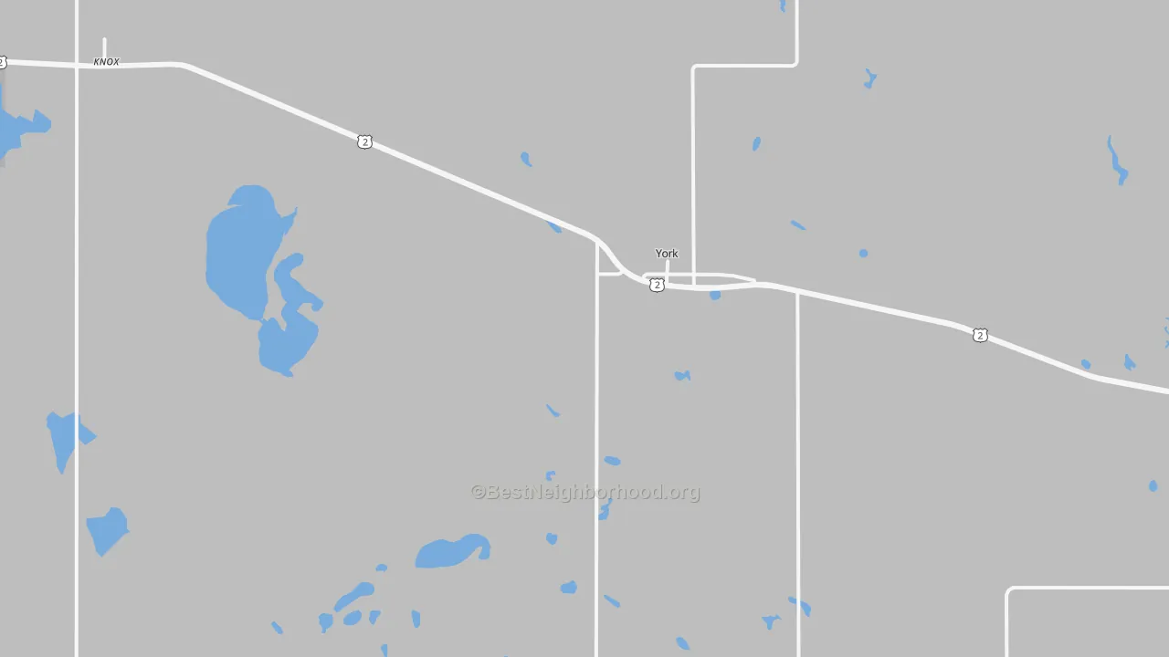 Walk Grade map of York, ND, walkable areas in green and car-dependent areas in red