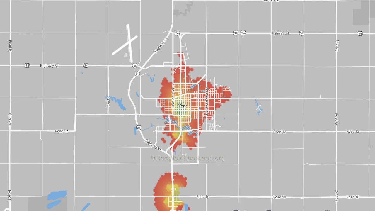 Walk Grade map of York, NE, walkable areas in green and car-dependent areas in red