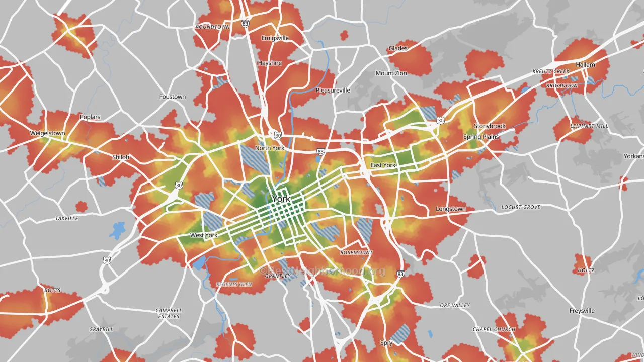 Walk Grade map of York, PA, walkable areas in green and car-dependent areas in red