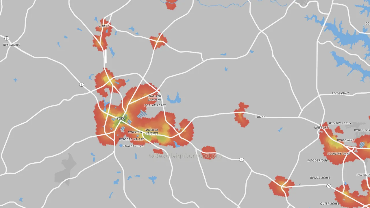 Walk Grade map of York, SC, walkable areas in green and car-dependent areas in red