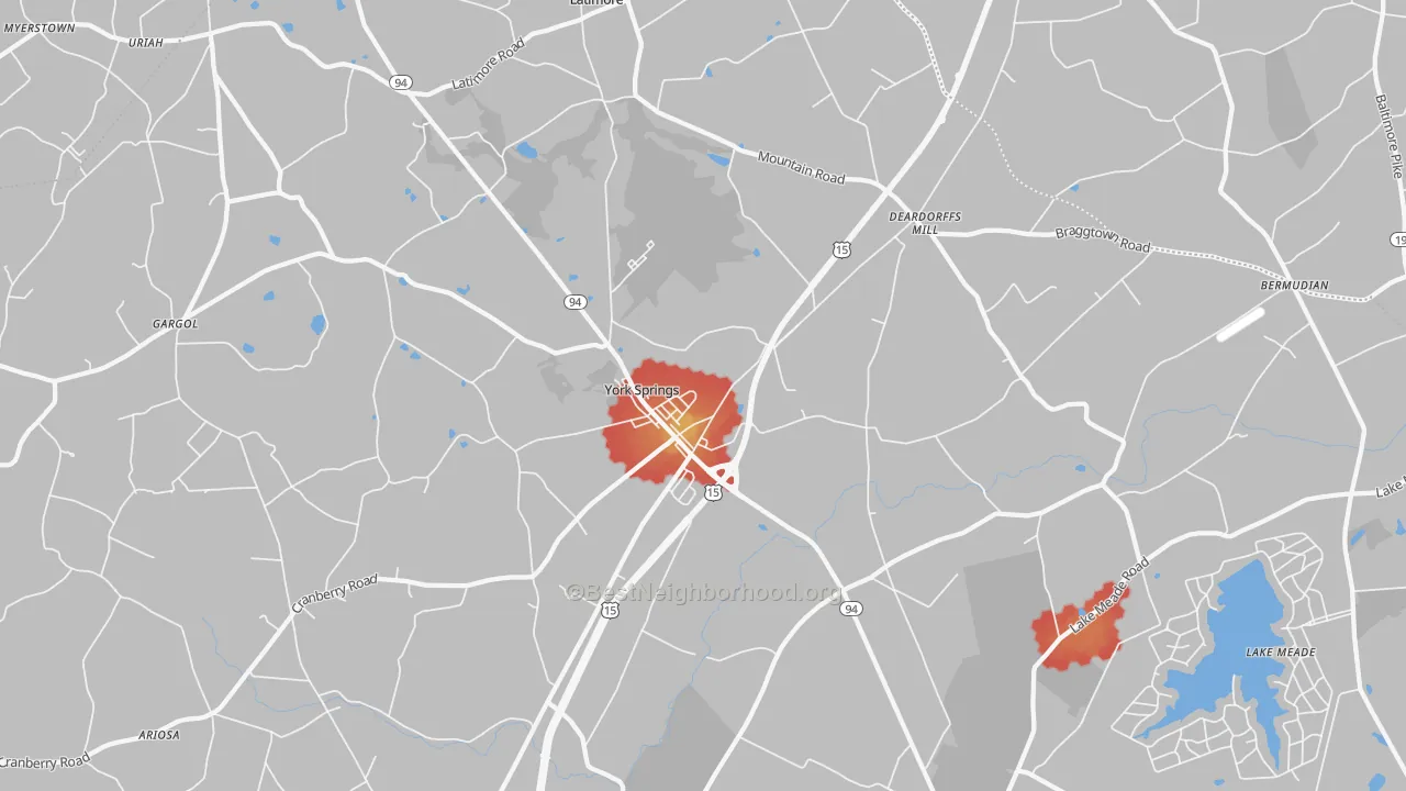 Walk Grade map of York Springs, PA, walkable areas in green and car-dependent areas in red