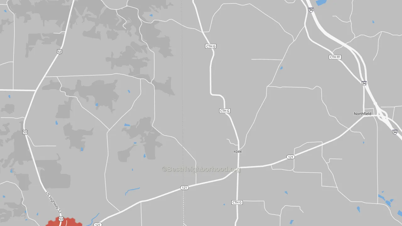 Walk Grade map of York, WI, walkable areas in green and car-dependent areas in red