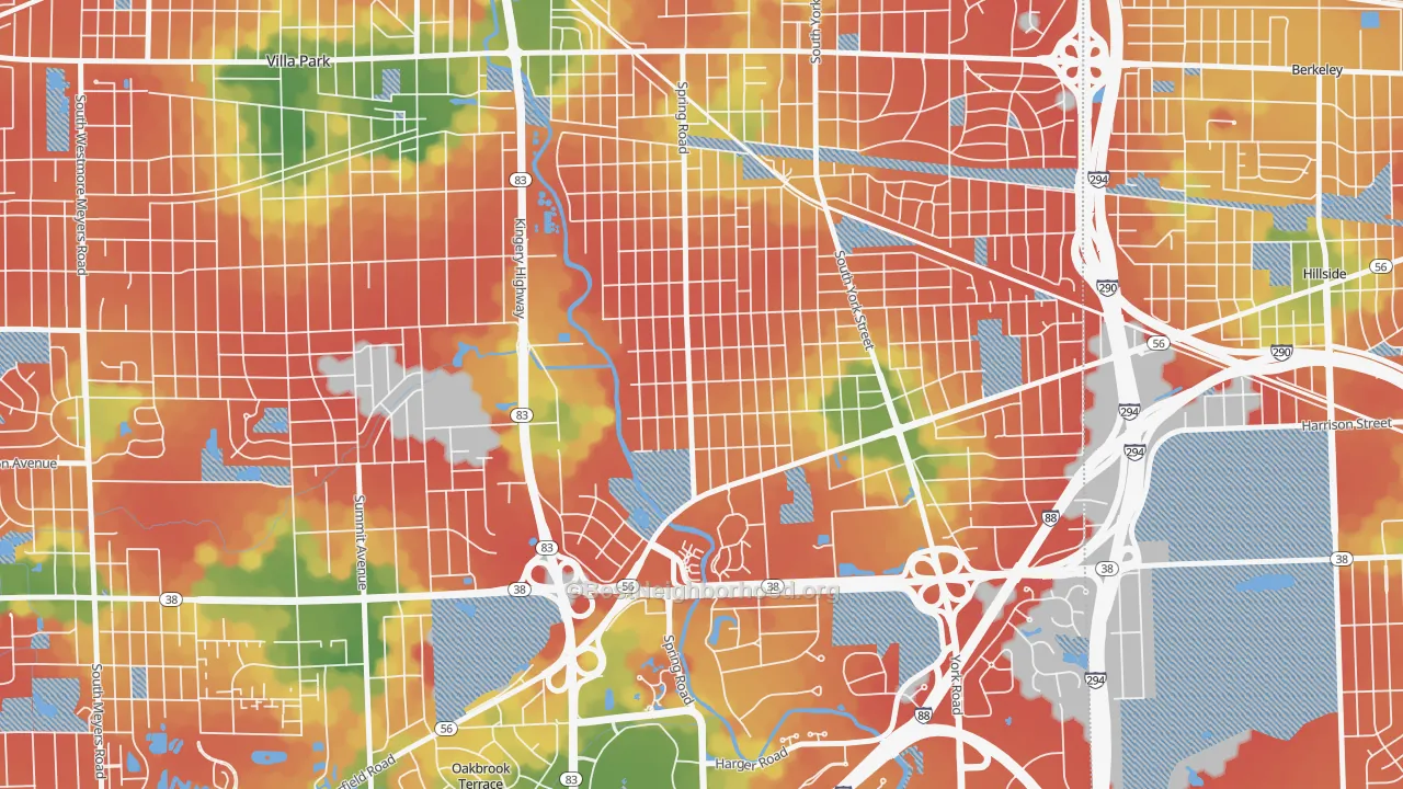 Walk Grade map of Yorkfield, Elmhurst, IL, walkable areas in green and car-dependent areas in red