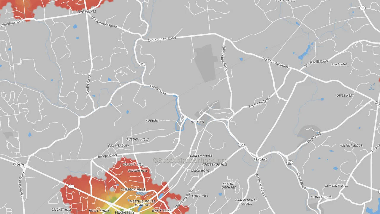 Walk Grade map of Yorklyn, DE, walkable areas in green and car-dependent areas in red