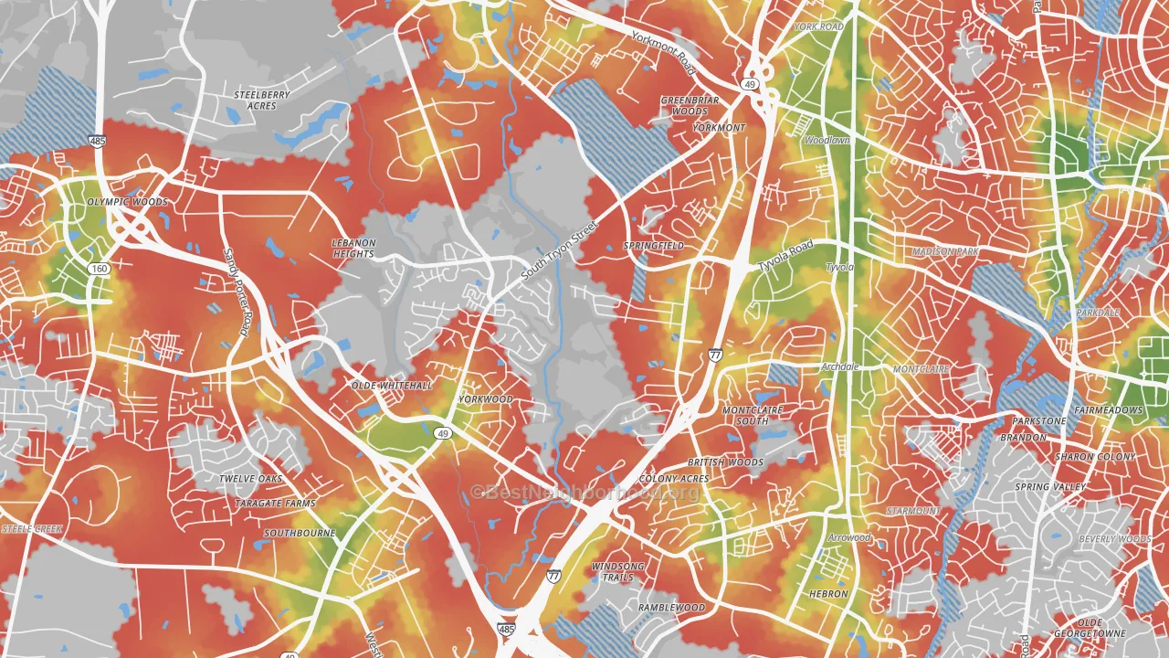 Walk Grade map of Yorkmount, Charlotte, NC, walkable areas in green and car-dependent areas in red