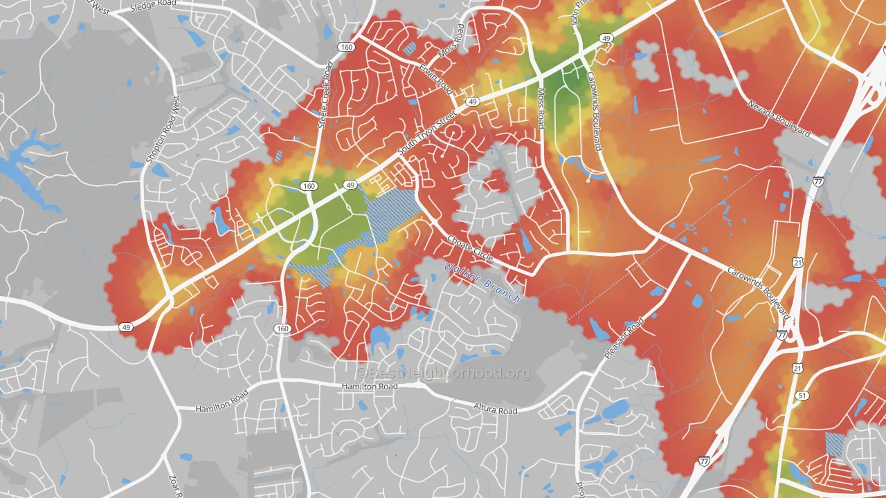 Walk Grade map of Yorkshire, Charlotte, NC, walkable areas in green and car-dependent areas in red