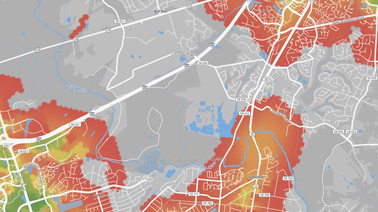 Walk Grade map of Yorkshire Park, VA, walkable areas in green and car-dependent areas in red