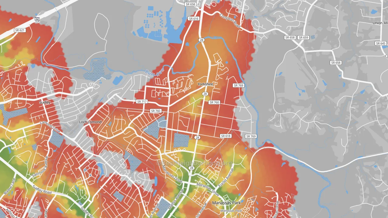 Walk Grade map of Yorkshire, VA, walkable areas in green and car-dependent areas in red
