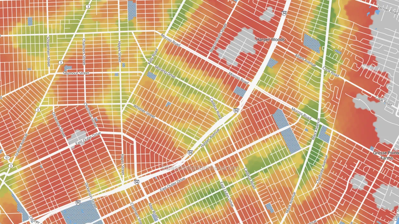 Walk Grade map of Yorkshire Woods, Detroit, MI, walkable areas in green and car-dependent areas in red