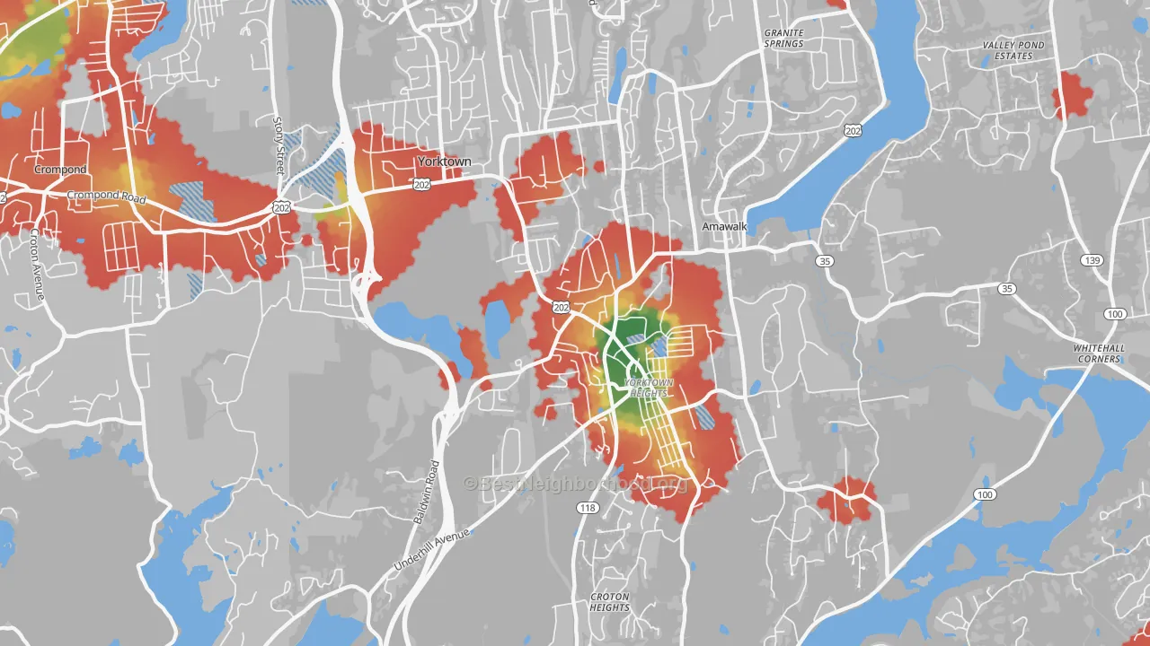 Walk Grade map of Yorktown Heights, NY, walkable areas in green and car-dependent areas in red