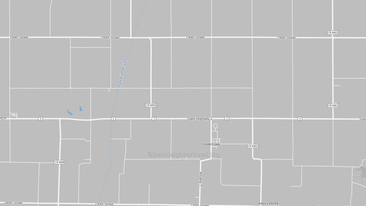 Walk Grade map of Yorktown, IA, walkable areas in green and car-dependent areas in red