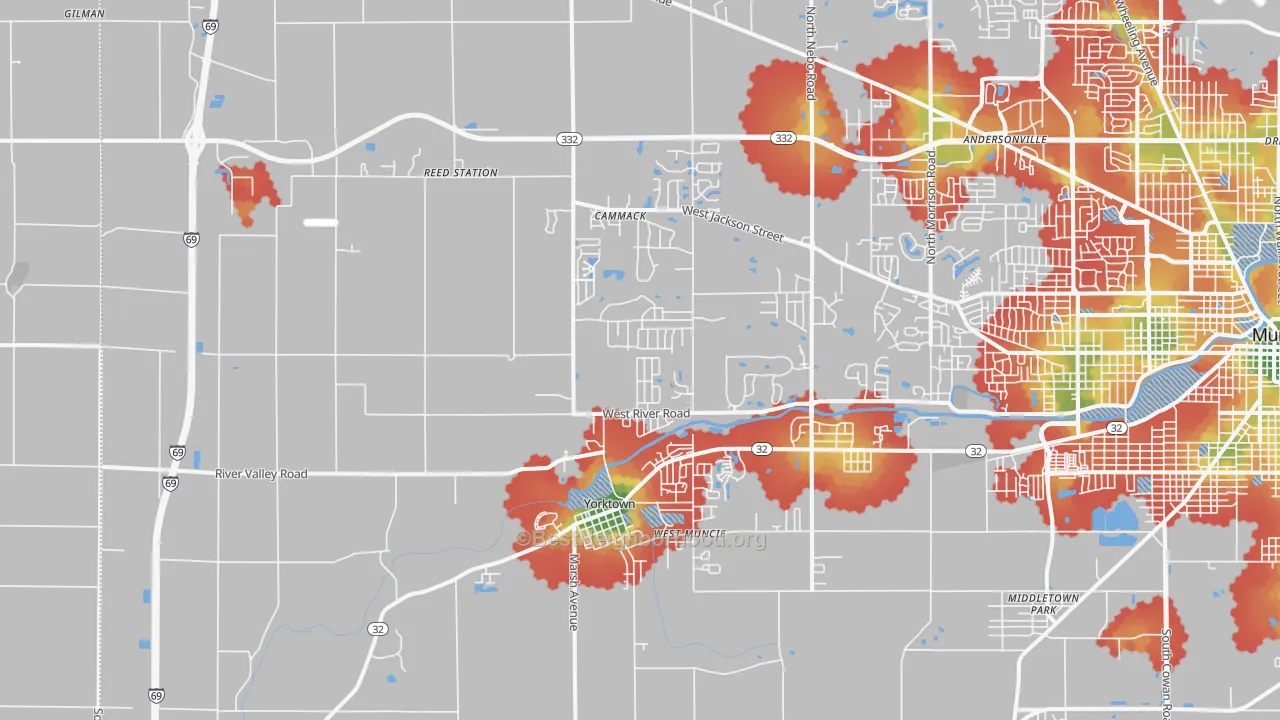 Walk Grade map of Yorktown, IN, walkable areas in green and car-dependent areas in red