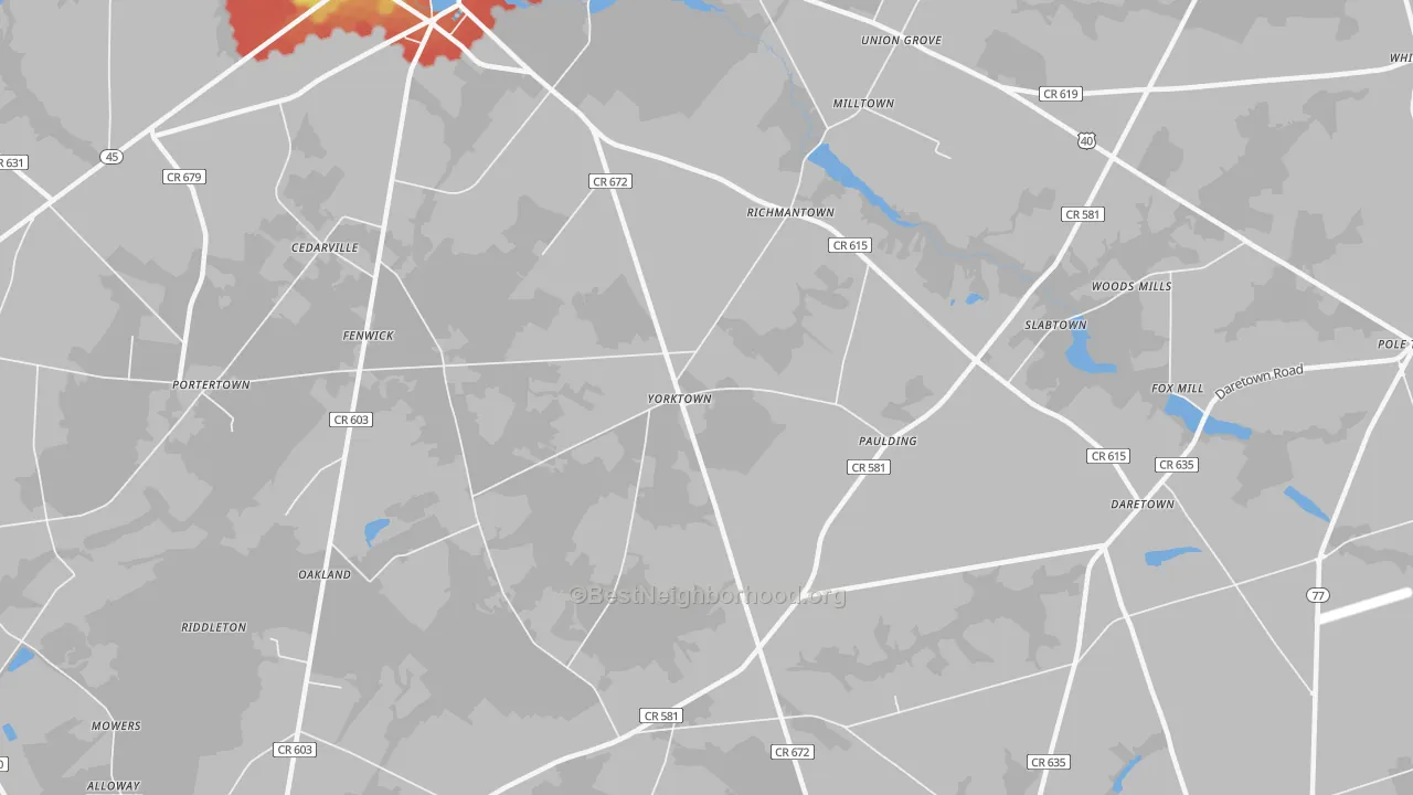 Walk Grade map of Yorktown, NJ, walkable areas in green and car-dependent areas in red
