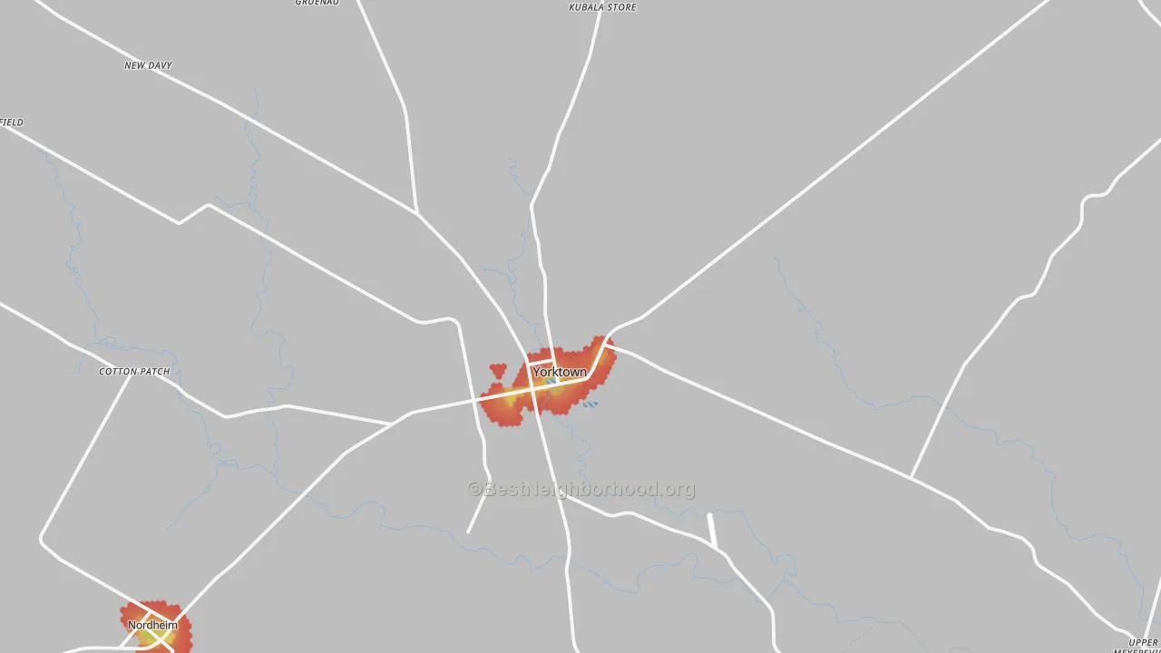 Walk Grade map of Yorktown, TX, walkable areas in green and car-dependent areas in red