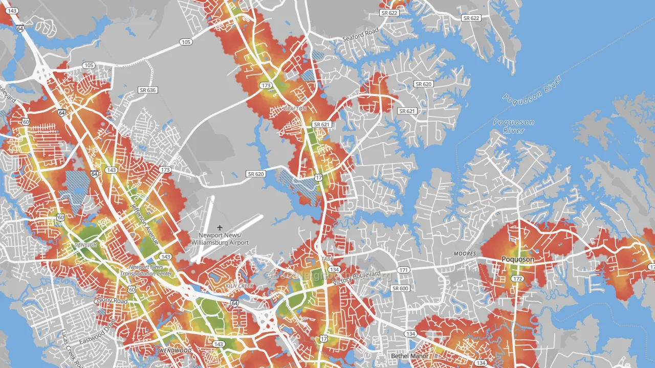 Walk Grade map of Yorktown, VA, walkable areas in green and car-dependent areas in red