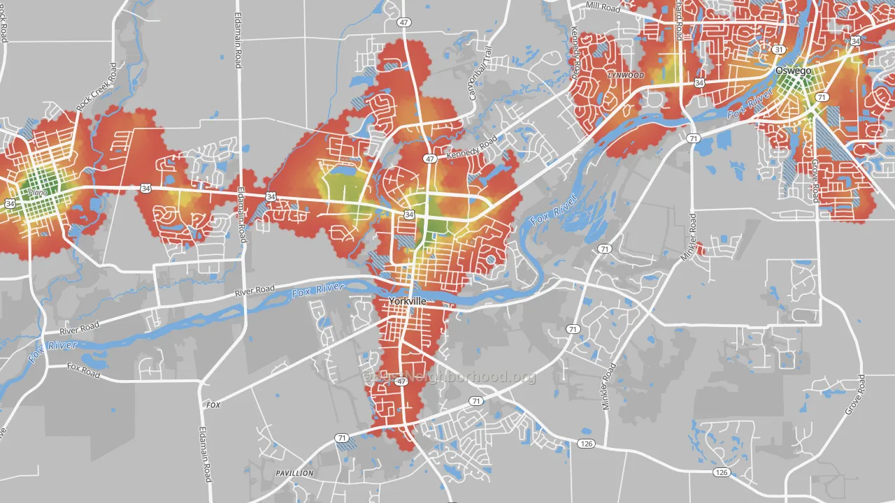 Walk Grade map of Yorkville, IL, walkable areas in green and car-dependent areas in red