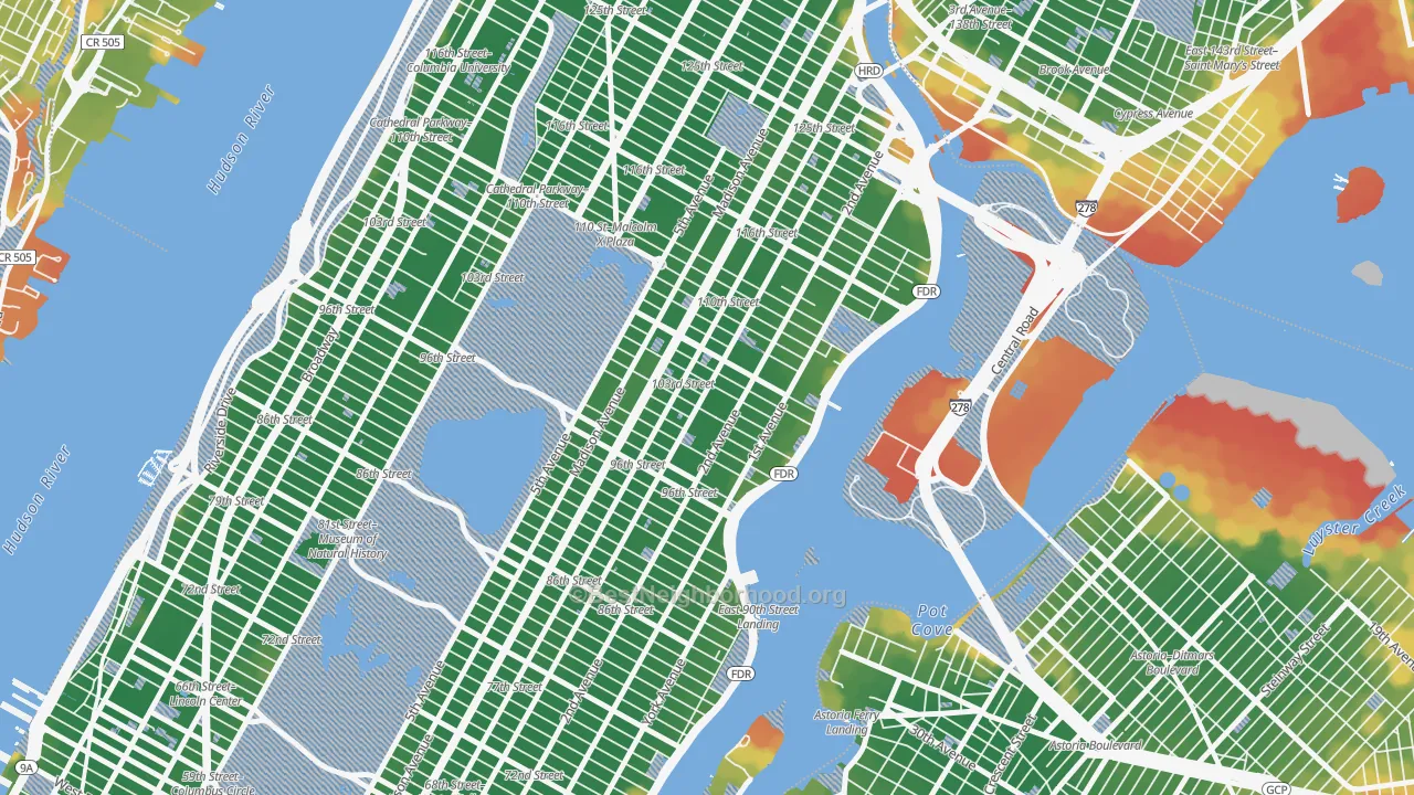 Walk Grade map of Yorkville, Manhattan, NY, walkable areas in green and car-dependent areas in red