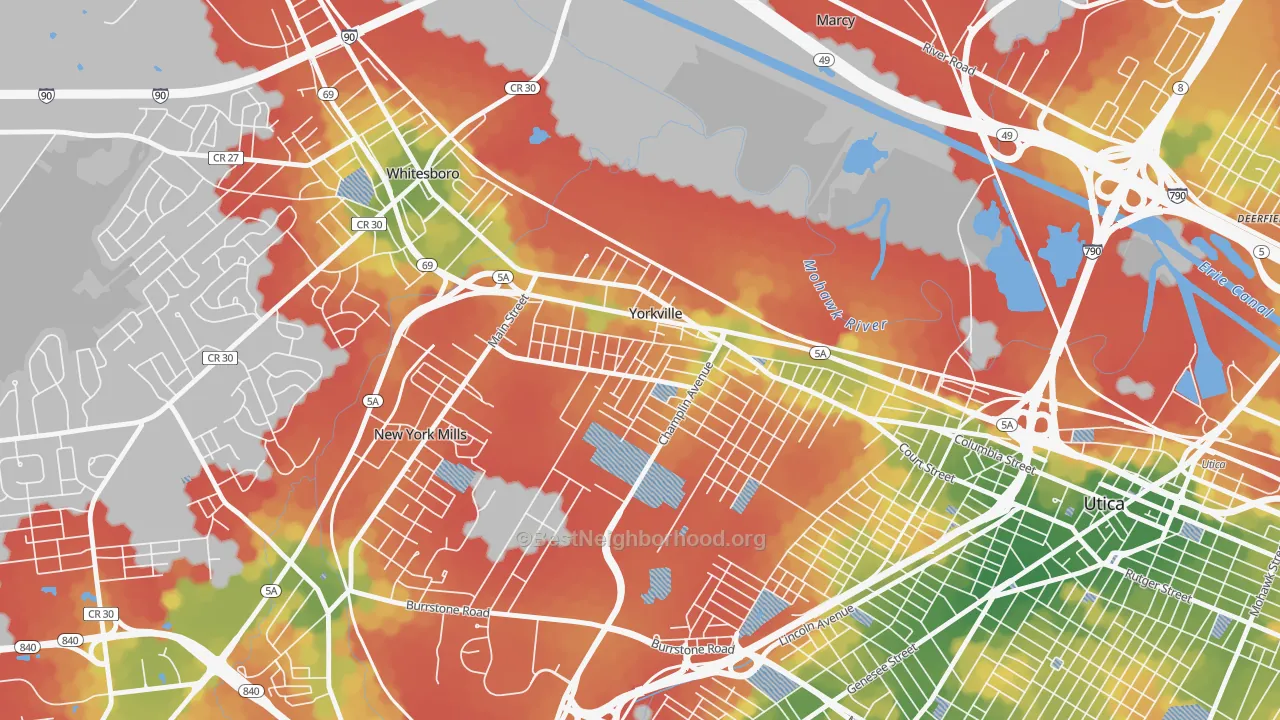 Walk Grade map of Yorkville, NY, walkable areas in green and car-dependent areas in red