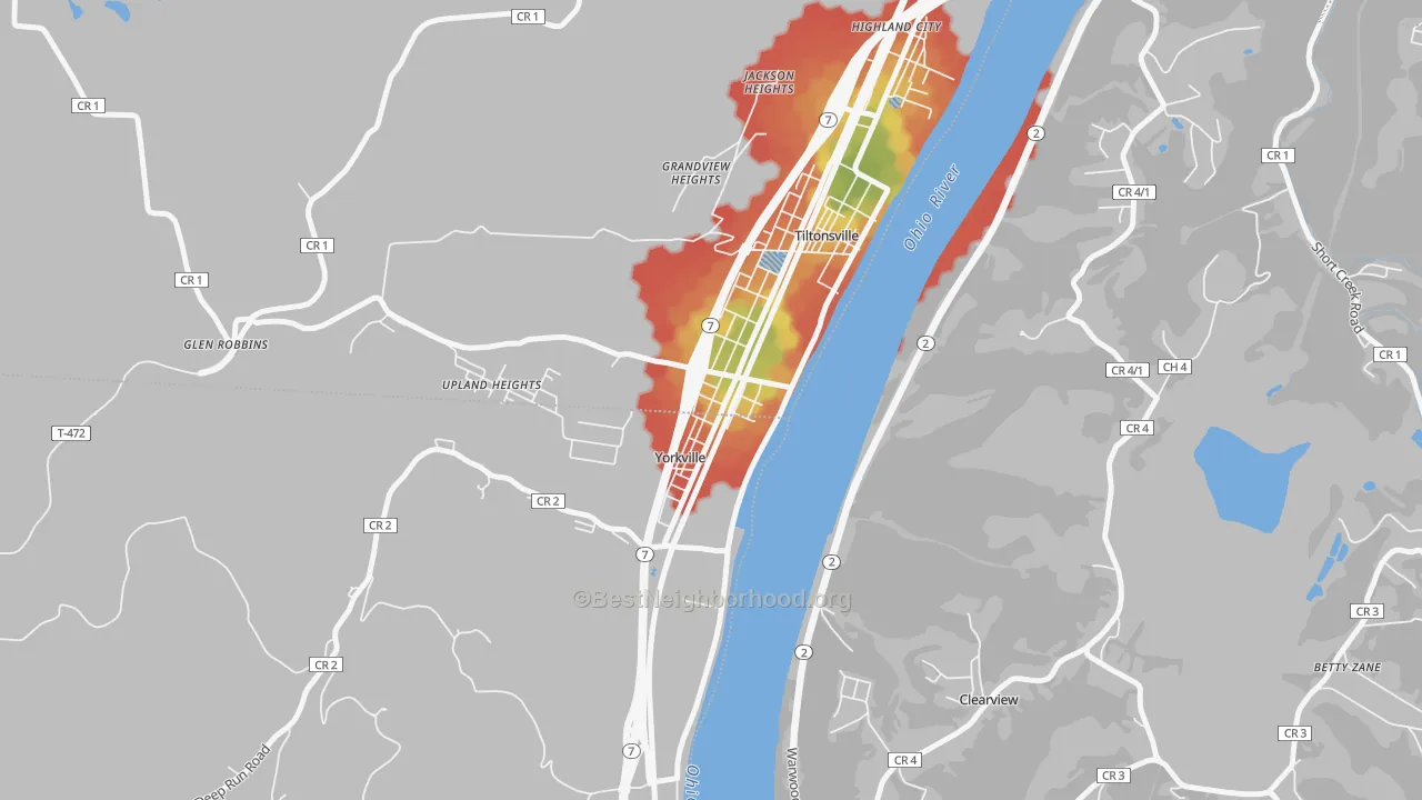 Walk Grade map of Yorkville, OH, walkable areas in green and car-dependent areas in red