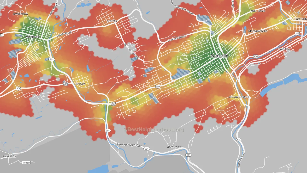 Walk Grade map of Yorkville, Pottsville, PA, walkable areas in green and car-dependent areas in red