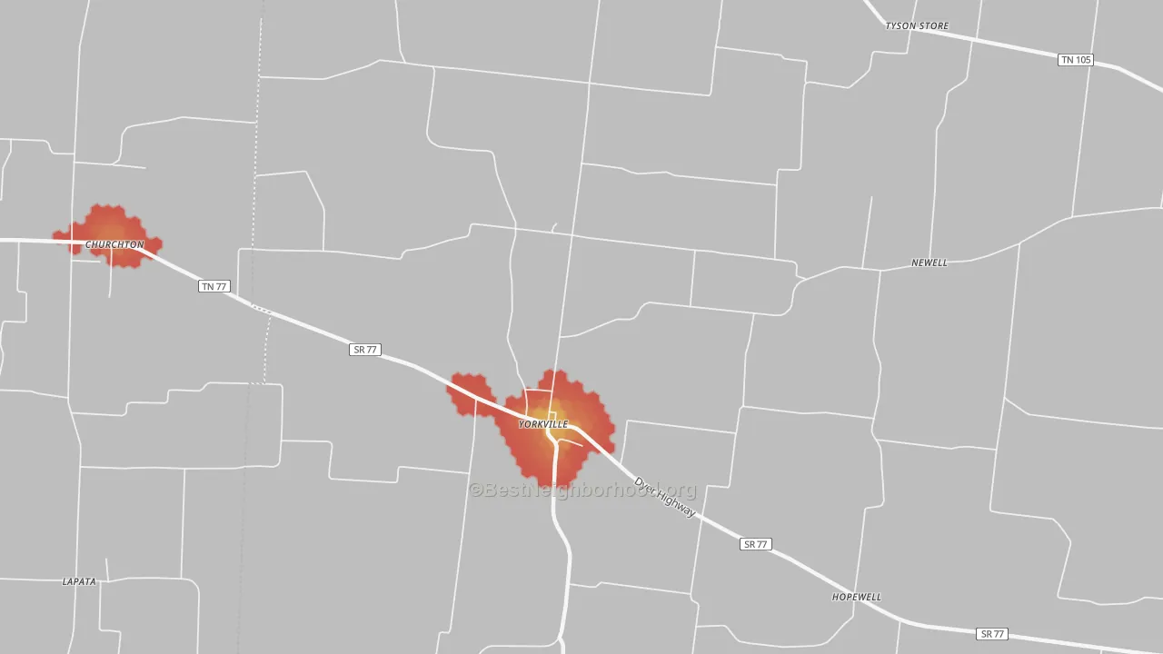 Walk Grade map of Yorkville, TN, walkable areas in green and car-dependent areas in red