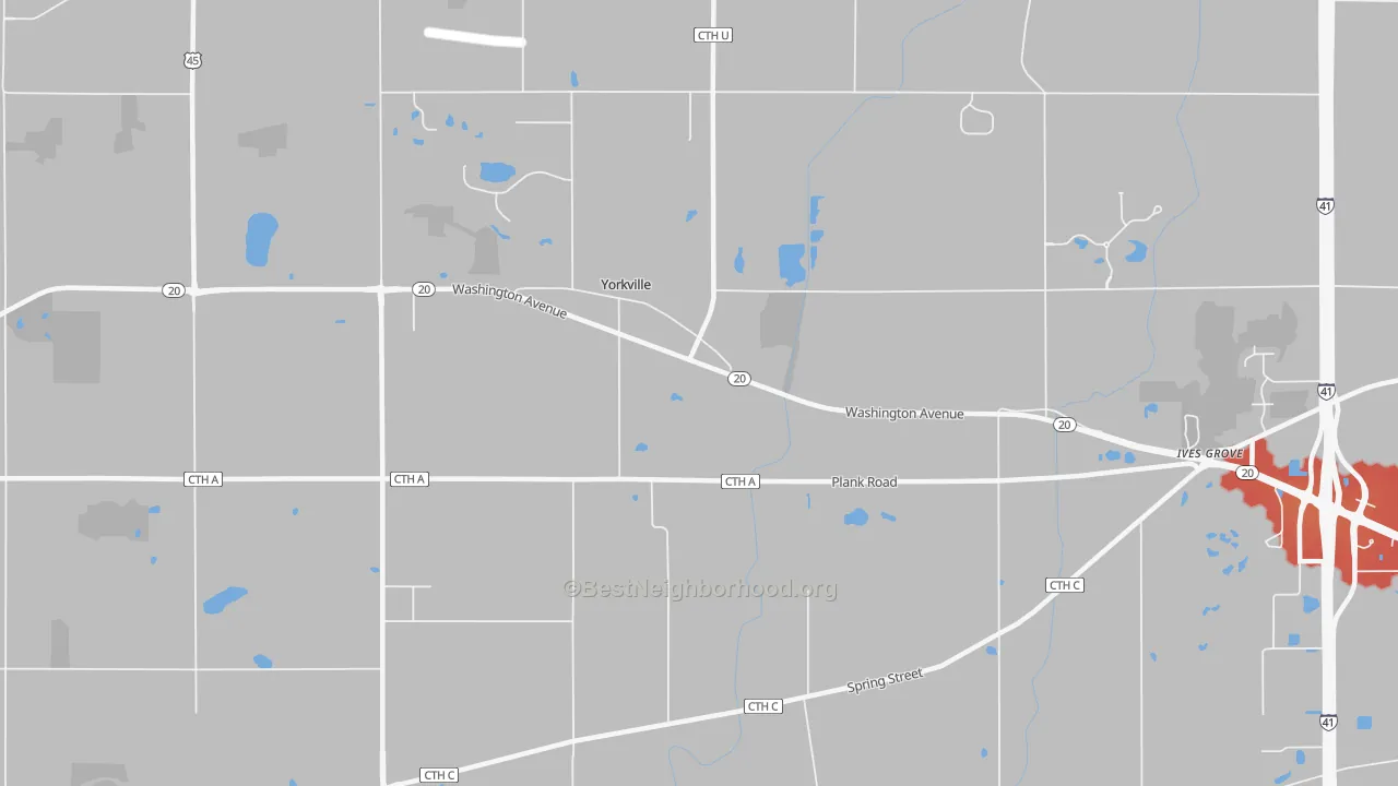 Walk Grade map of Yorkville, WI, walkable areas in green and car-dependent areas in red