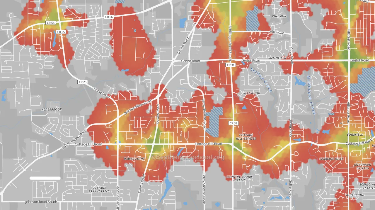 Walk Grade map of Yorkwood, Mobile, AL, walkable areas in green and car-dependent areas in red