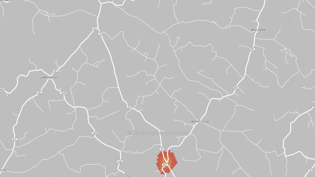 Walk Grade map of Yosemite, KY, walkable areas in green and car-dependent areas in red