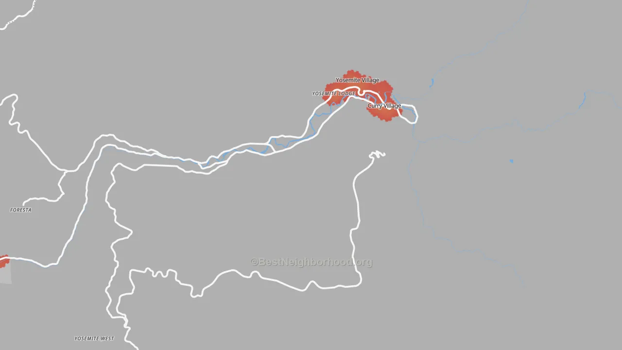 Walk Grade map of Yosemite National Park, CA, walkable areas in green and car-dependent areas in red