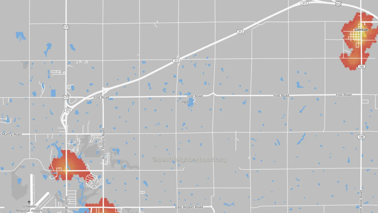 Walk Grade map of Yost, OK, walkable areas in green and car-dependent areas in red