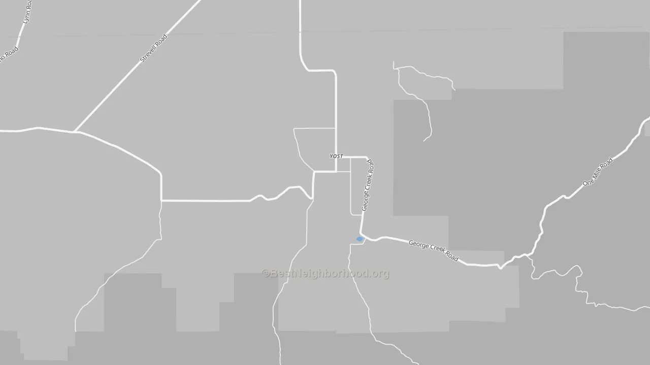Walk Grade map of Yost, UT, walkable areas in green and car-dependent areas in red
